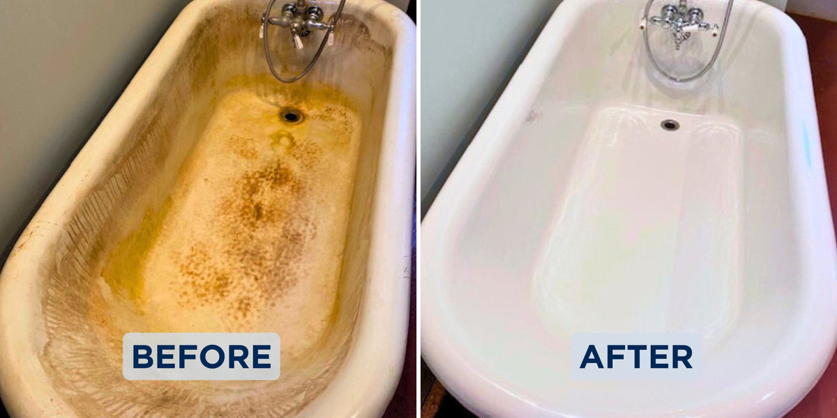 Before and after: rust-stained clawfoot bathtub refinished to a glossy white finish