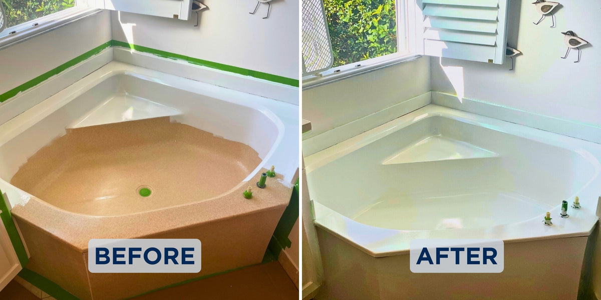 Before and after: beige speckled corner soaking tub refinished white