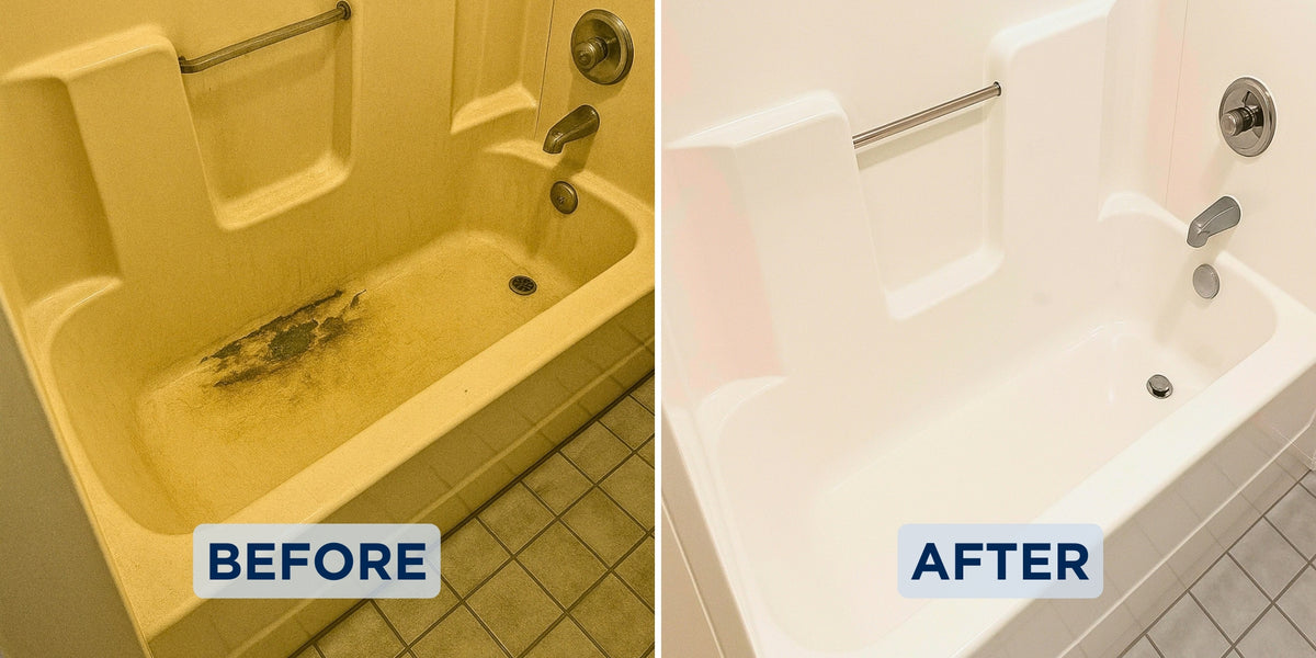 Before and after: yellowed fiberglass tub and shower with a damaged floor refinished white