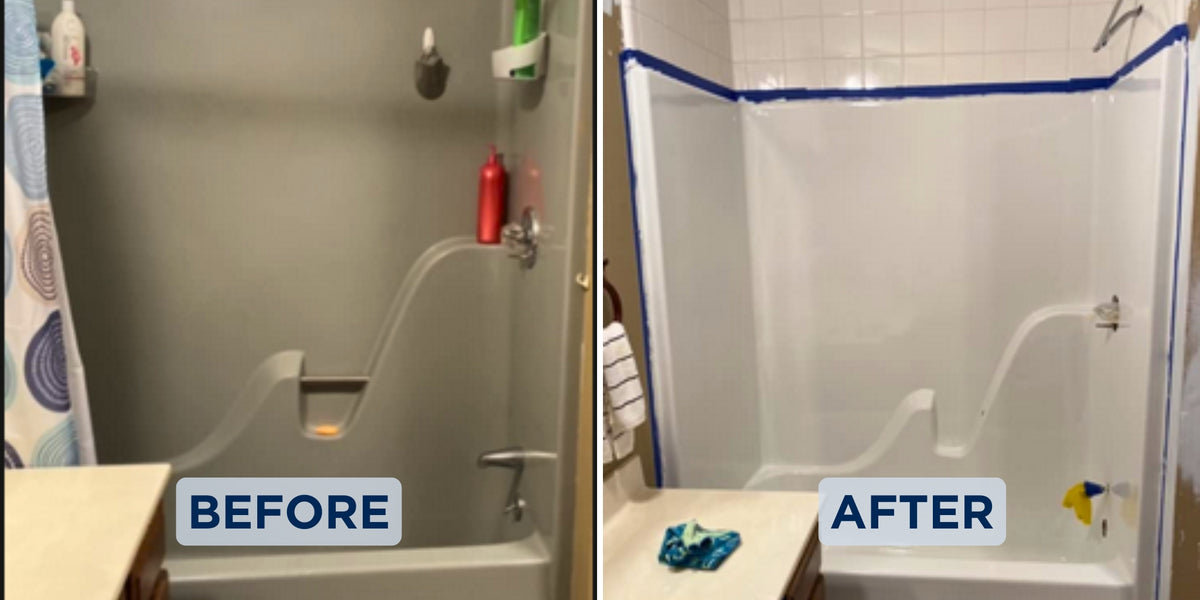 Before and after: gray fiberglass tub and shower unit refinished white