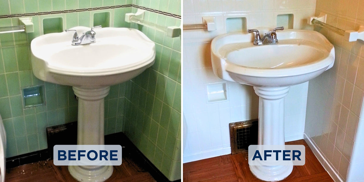 Before and after: mint green bathroom wall tile refinished white