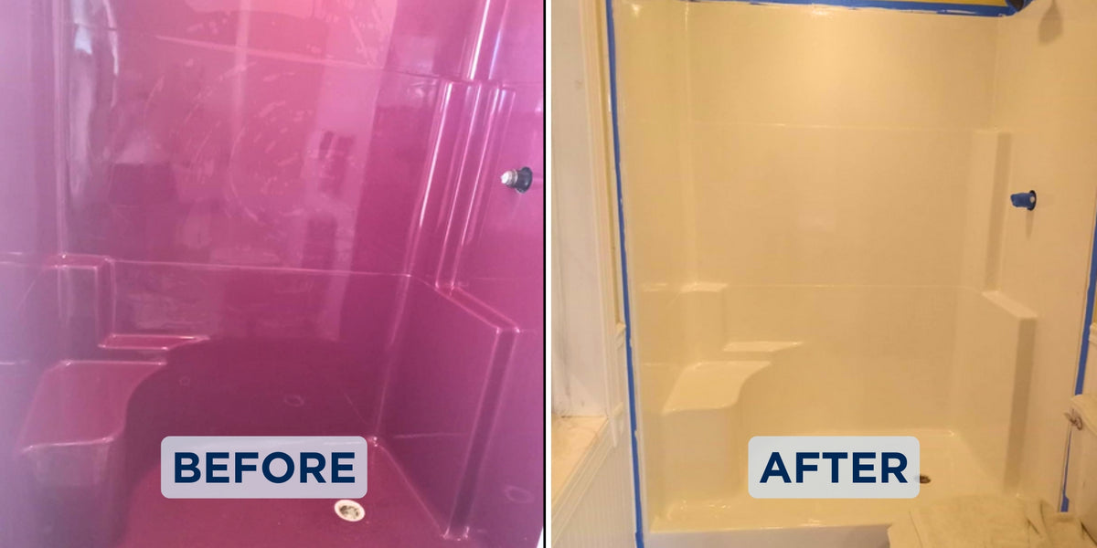 Before and after: magenta fiberglass shower stall refinished white