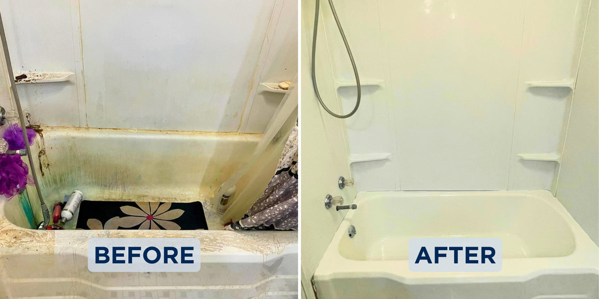 Before and after: stained bathtub and shower surround refinished to a clean white finish