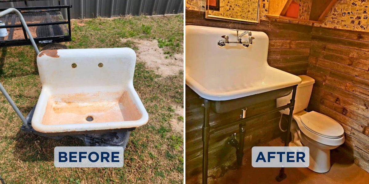 Before and after: rusted vintage cast iron farmhouse sink restored white and installed