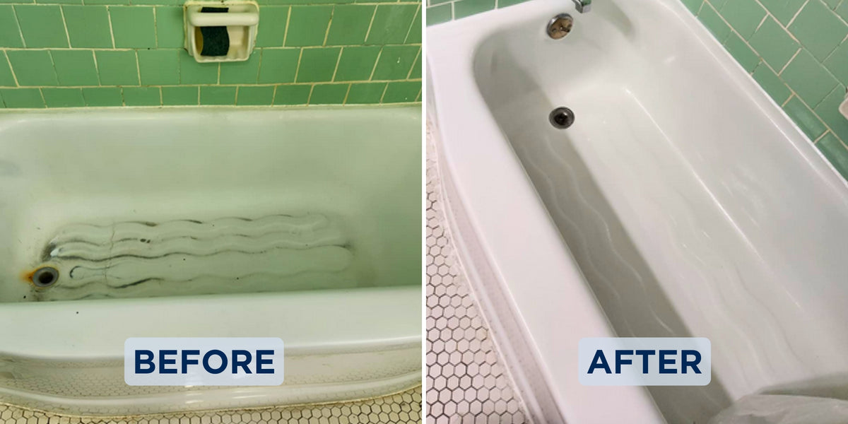 Before and after: worn cast iron bathtub with green tile surround refinished white